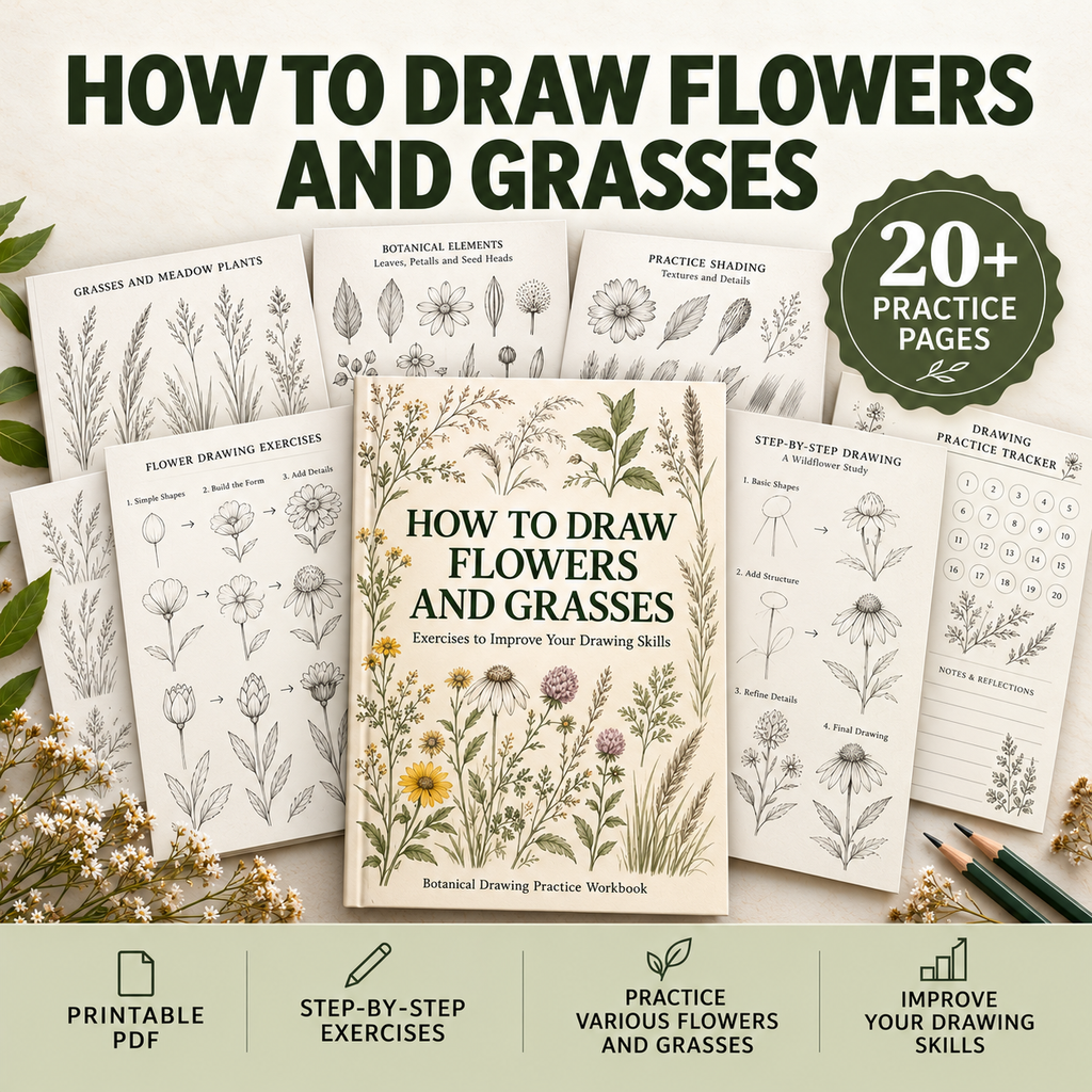 How to Draw Flowers Workbook, Printable Floral and Grass Sketching Exercises