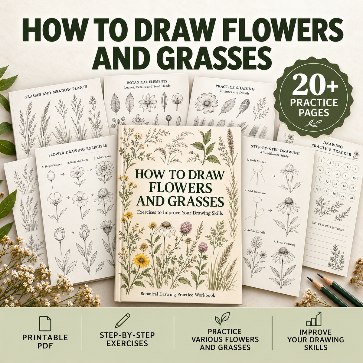How to Draw Flowers Workbook, Printable Floral and Grass Sketching Exercises