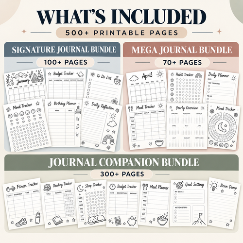 2027 Printable Journal Bundle, Habit Mood and Reading Trackers