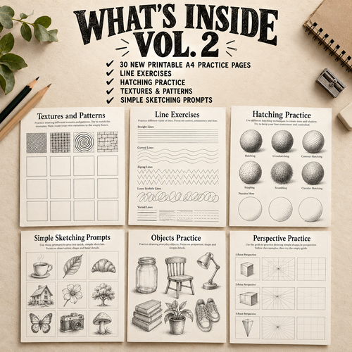 30 Day Sketching Workbook, Printable Hatching and Texture Drawing Exercises