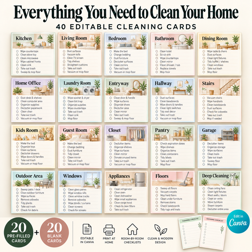 ADHD Cleaning Cards, 40 Editable Room by Room Cleaning Checklists