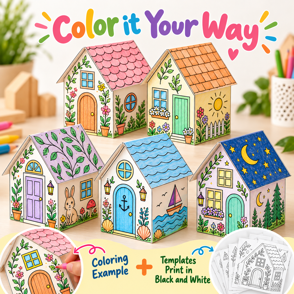 Printable Paper House Templates, 3D Cut and Fold Craft Activity