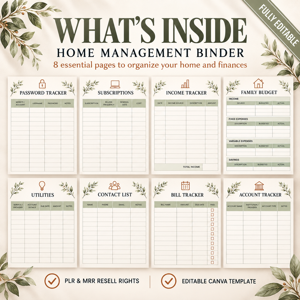 Home Management Binder, Editable ADHD Household Planner with Resell Rights