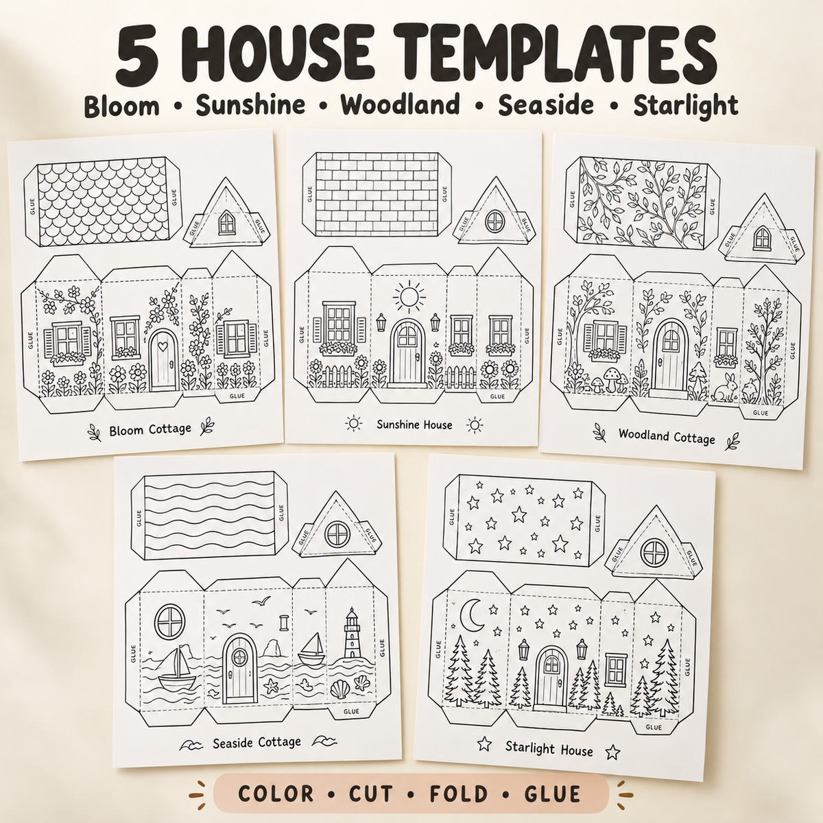 Printable Paper House Templates, 3D Cut and Fold Craft Activity