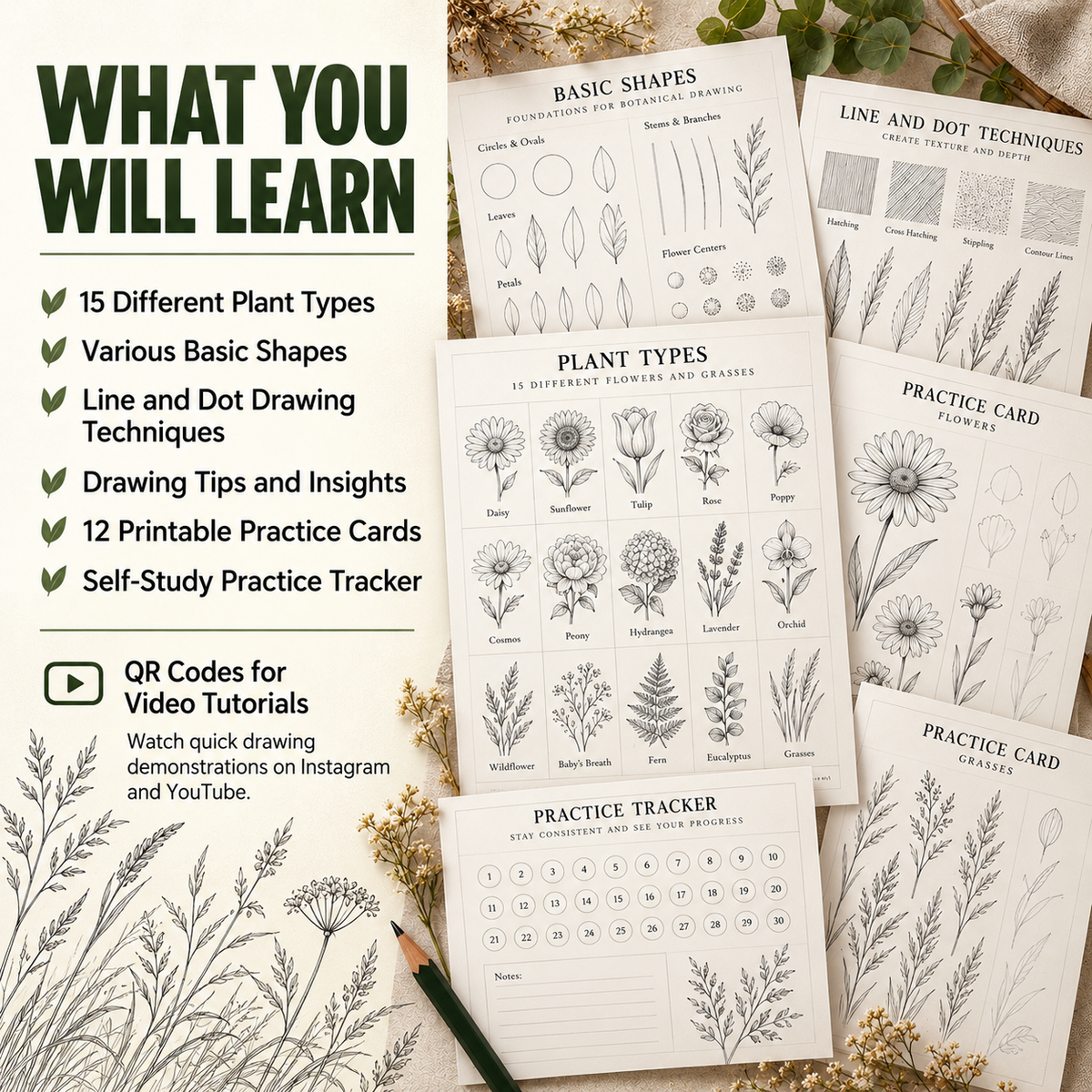 How to Draw Flowers Workbook, Printable Floral and Grass Sketching Exercises