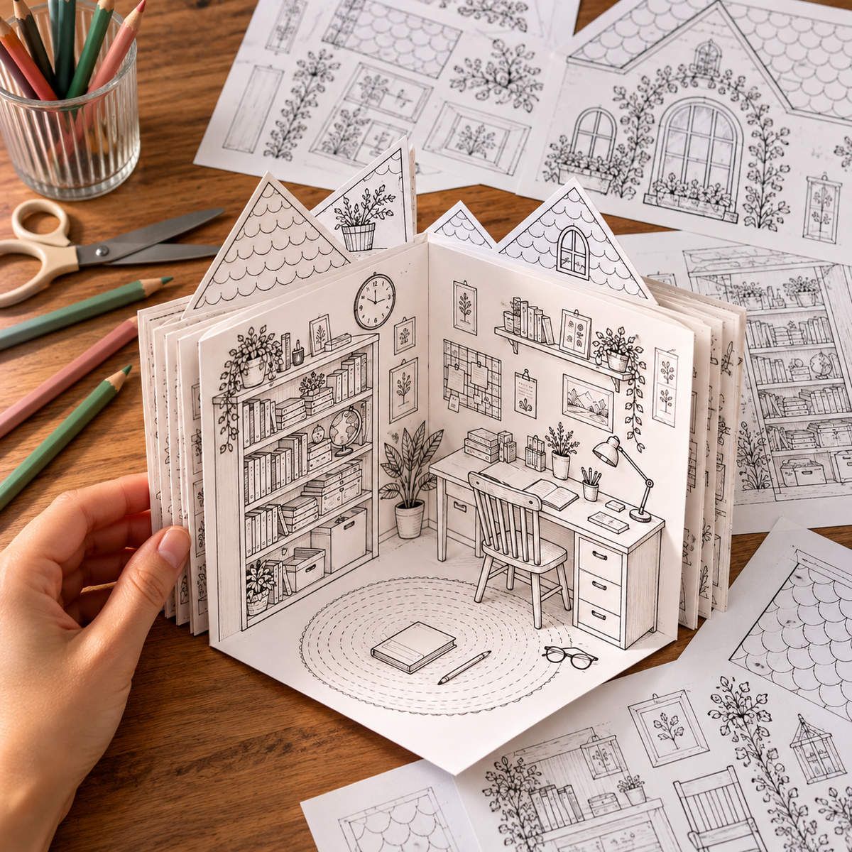 Foldable Paper House Template, 10 Printable Rooms for Coloring and Crafting