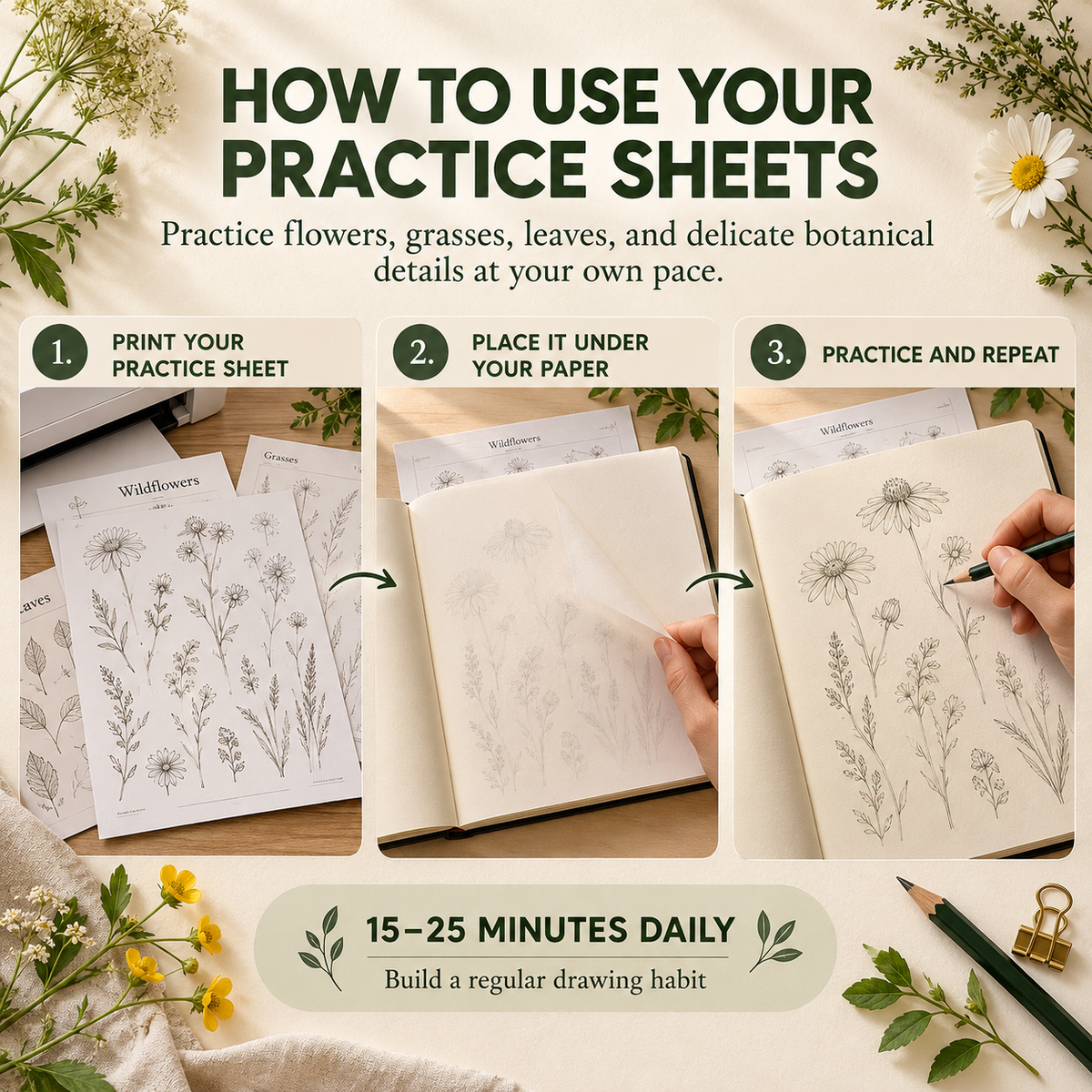 How to Draw Flowers Workbook, Printable Floral and Grass Sketching Exercises